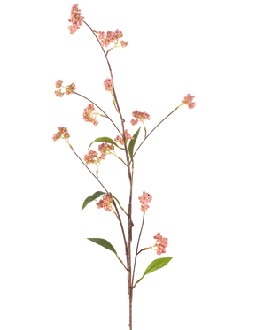 Il fiore artificiale bacche rosa da 95 cm ha uno stelo lungo e sottile con una serie di piccoli mazzi di bacche rosa e alcune foglie verdi, raffigurate su un semplice sfondo bianco.
