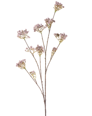 Il fiore artificiale Baby's Breath 112 cm lilla ha uno stelo sottile con più rami, ciascuno decorato con mazzi di delicati fiori viola chiaro, su uno sfondo bianco a tinta unita.
