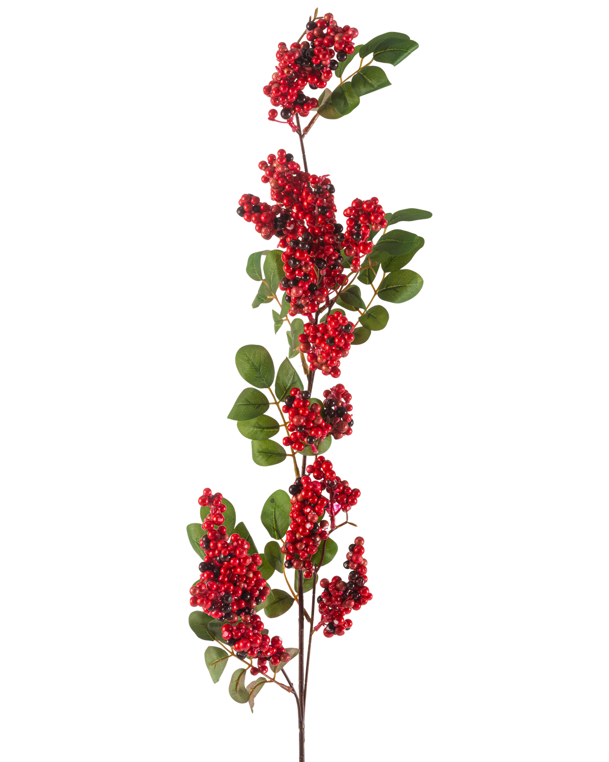 Il fiore artificiale bacche rosse da 104 cm ha un ramo singolo con grappoli di piccole bacche rosso vivo e foglie verdi su uno sfondo bianco.