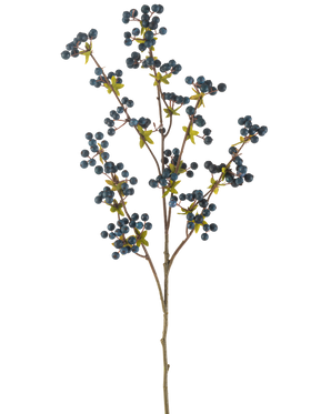 Il fiore artificiale bacche blu scuro da 104 cm è un singolo ramo sottile con foglie verdi e grappoli di piccole bacche rotonde blu scuro, visualizzate su un semplice sfondo bianco.