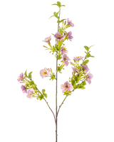 De Kunstbloem Quisqualis 110 cm paars heeft een lange, slanke stengel met meerdere groene bladeren en trossen tere lichtpaarse bloemen met een geel hart tegen een witte achtergrond.
