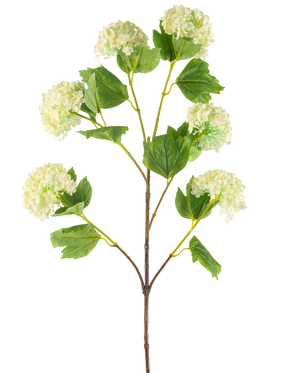 Il fiore artificiale Palla di neve 94 cm verde ha un unico stelo artificiale con mazzi di fiori verde chiaro simili a ortensie e alcune foglie verdi, raffigurate su sfondo bianco.