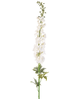 De Kunstbloem Ridderspoor 137 cm wit is een hoge kunstspoorstengel met meerdere kleine witte bloemen over de lengte en groene bladeren aan de basis, tegen een effen witte achtergrond.