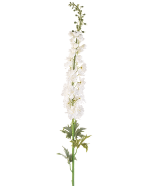 Il fiore artificiale Larkspur bianco da 137 cm è un alto stelo sperone artificiale con diversi piccoli fiori bianchi lungo la sua lunghezza e foglie verdi alla base, su uno sfondo bianco semplice.