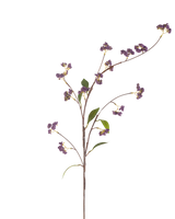 De Kunstbloem Bessen 95 cm paars heeft een enkele bruine stengel met meerdere takken, versierd met trossen paarse bessen en enkele groene bladeren, perfect geïsoleerd op een witte achtergrond.