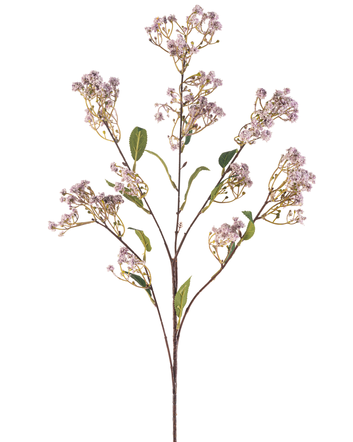 Il fiore artificiale Baby's Breath 89 cm lilla ha un lungo stelo con diversi rami, ciascuno decorato con mazzi di piccoli fiori viola chiaro e alcune foglie verdi, su uno sfondo bianco semplice.