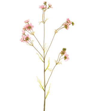 Un fiore artificiale Cosmos rosa da 95 cm ha un unico stelo alto con molteplici rami sottili, ciascuno decorato con mazzi di delicati fiori rosa e foglie verde chiaro, su uno sfondo bianco semplice.