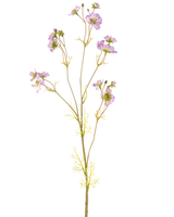 De Kunstbloem Cosmos 95 cm lila heeft een tere steel met meerdere lichtpaarse bloemen en kleine groene blaadjes, prachtig tegen een effen witte achtergrond.