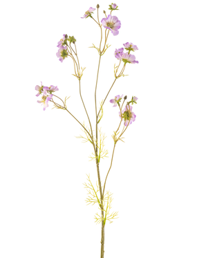 Il fiore artificiale Cosmos lilla da 95 cm ha uno stelo delicato con diversi fiori viola chiaro e piccole foglie verdi, bellissime su uno sfondo bianco semplice.