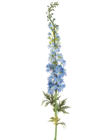 Een enkele steel van Kunstbloem Ridderspoor 137 cm donkerblauw, met meerdere donkerblauwe kunstbloesems en groene bladeren, gerangschikt langs de bovenste steel en tegen een witte achtergrond.
