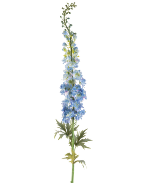 Un singolo stelo di fiore artificiale Larkspur 137 cm blu scuro, con molteplici fiori artificiali blu scuro e foglie verdi, disposti lungo lo stelo superiore e su uno sfondo bianco.
