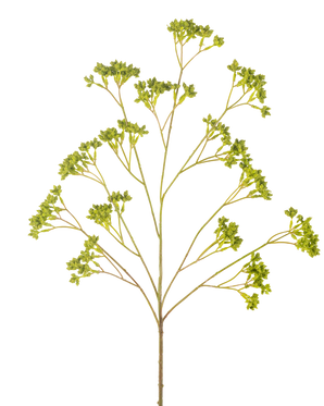 La scatola per semi di rami artificiali verde da 80 cm ha un unico stelo ramificato con diversi grappoli di piccole foglie verdi, tutte disposte simmetricamente su uno sfondo bianco.