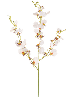 De Kunstbloem Orchidee 98 cm crème is een enkele kunstmatige crème orchidee steel met meerdere delicate bloemen en meerdere knoppen, met gele en paarse harten, geïsoleerd op een effen witte achtergrond.