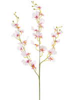 De Kunstbloem Orchidee 98 cm blush heeft een enkele lange steel met meerdere delicate lichtroze orchidee bloemen en knoppen, dunne groene takken en kleine ovale bladeren, allemaal tegen een effen witte achtergrond.