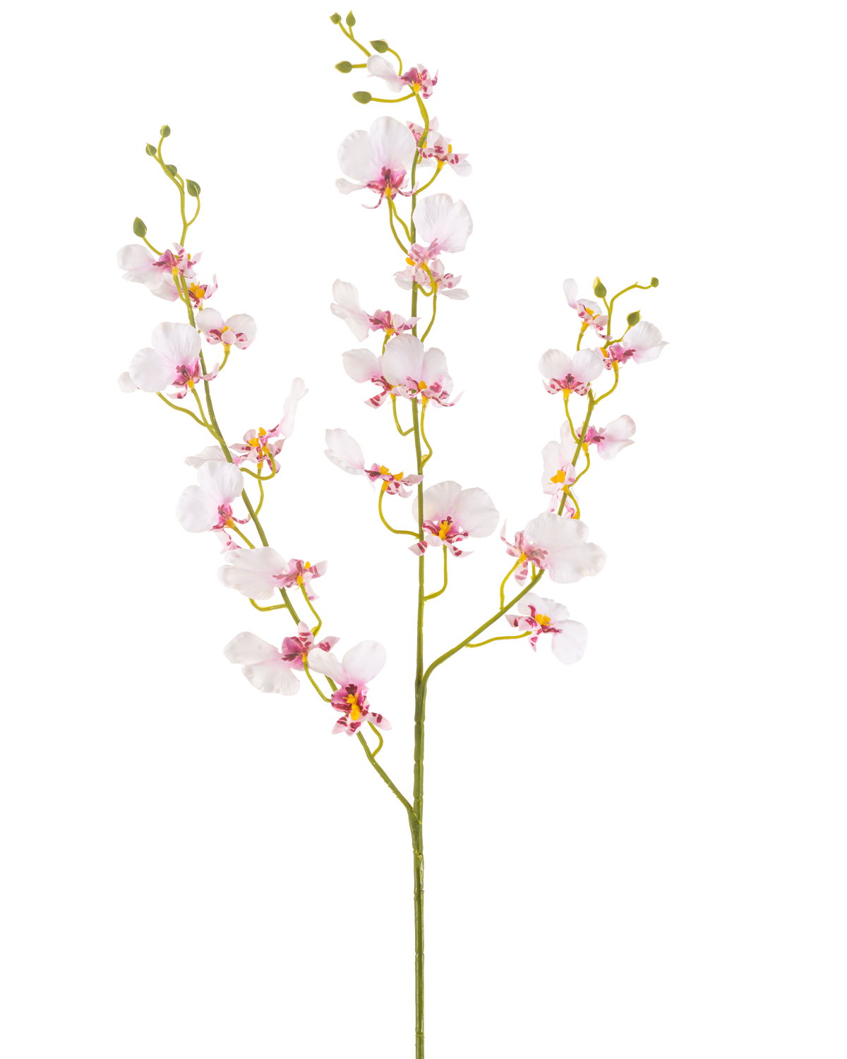 Il fiore artificiale di orchidea da 98 cm ha un unico stelo lungo con molteplici fiori e boccioli di orchidea rosa chiaro delicati, sottili rami verdi e piccole foglie ovali, il tutto su un semplice sfondo bianco.