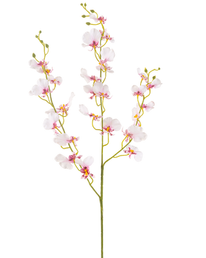 Il fiore artificiale di orchidea da 98 cm ha un unico stelo lungo con molteplici fiori e boccioli di orchidea rosa chiaro delicati, sottili rami verdi e piccole foglie ovali, il tutto su un semplice sfondo bianco.