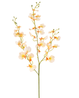 De Kunstbloem Orchidee 98 cm lichtgeel heeft een lange groene steel met meerdere takken en delicate lichtgele orchideeën, elk met een zacht oranje en rood hart, alles tegen een witte achtergrond.