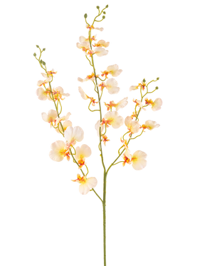 Il fiore artificiale di orchidea giallo chiaro da 98 cm ha un lungo stelo verde con rami multipli e delicate orchidee giallo chiaro, ciascuna con un morbido cuore arancione e rosso, il tutto su uno sfondo bianco.