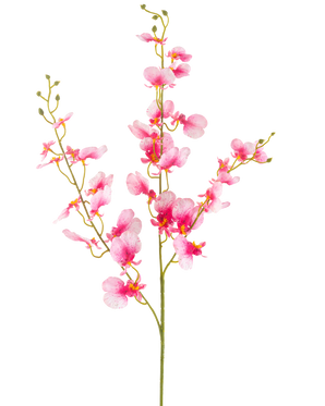 Il fiore artificiale di orchidea rosa da 98 cm ha un unico stelo con rami multipli di vivaci fiori di orchidea rosa, petali delicati e boccioli verdi, su uno sfondo bianco semplice.