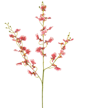 Un unico fiore artificiale rosso di orchidea da 98 cm con rami multipli, ciascuno con grappoli di fiori vivaci, su uno sfondo bianco semplice.