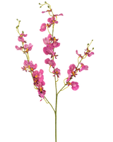 De Kunstbloem Orchidee 98 cm fuchsia heeft levendige roze orchideeënbloesems en -knoppen op lange, slanke groene stelen, prachtig tegen een witte achtergrond.
