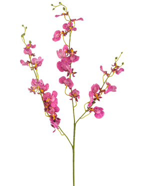 Il fiore artificiale di orchidea fucsia da 98 cm ha vivaci fiori e boccioli di orchidea rosa su steli verdi lunghi e sottili, bellissimi su uno sfondo bianco.