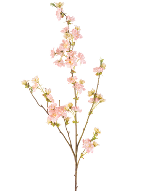 Il fiore artificiale di ciliegio rosa chiaro da 94 cm ha un ramo singolo con molteplici germogli, decorato con mazzi di delicati fiori di ciliegio rosa chiaro e boccioli verdi, su uno sfondo bianco semplice.