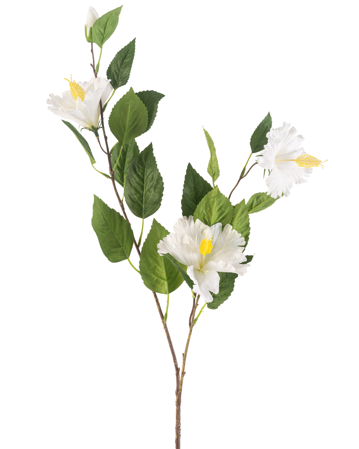 Il fiore artificiale di ibisco crema da 89 cm ha un ramo con foglie verdi e tre fiori di ibisco color crema con stami gialli su uno sfondo bianco semplice.