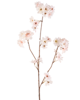 De Kunstbloem Kersenbloesem 85 cm blush heeft een enkele bruine steel met meerdere takken, elk versierd met delicate bloesemroze kersenbloesem bloemen, tegen een effen witte achtergrond.
