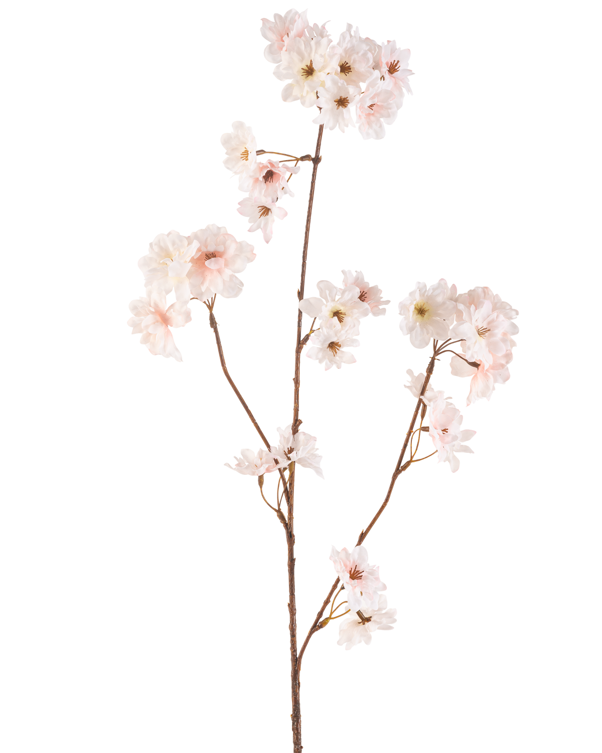 Il fiore artificiale Cherry Blossom 85 cm blush ha un unico stelo marrone con più rami, ciascuno decorato con delicati fiori di ciliegio rosa, su uno sfondo bianco semplice.