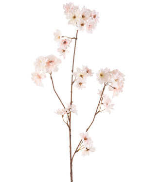 Il fiore artificiale Cherry Blossom 85 cm blush ha un unico stelo marrone con più rami, ciascuno decorato con delicati fiori di ciliegio rosa, su uno sfondo bianco semplice.