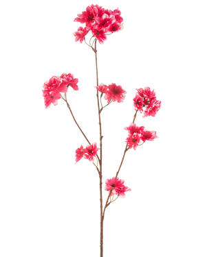 Il fiore artificiale di ciliegio fucsia da 85 cm ha un unico stelo marrone con rami multipli, ciascuno decorato con grappoli di vivaci fiori di ciliegio artificiali fucsia, su un semplice sfondo bianco.