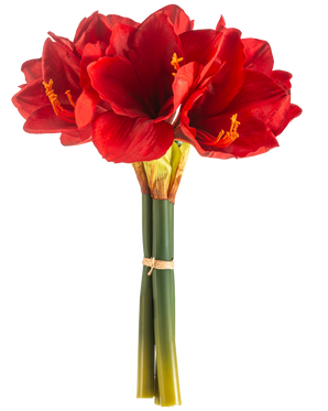 De Kunstbloem Amaryllis Real Touch rood 36 cm heeft levendige rode amaryllisbloemen met groene stelen, samengebonden met een elastiekje, tegen een effen witte achtergrond.