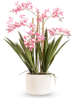 De Kunstplant Mini Cymbidium Real Touch 58 cm roze heeft lange groene bladeren en meerdere roze bloemstelen, gerangschikt in een gestructureerde witte cilindrische pot, tegen een effen witte achtergrond.