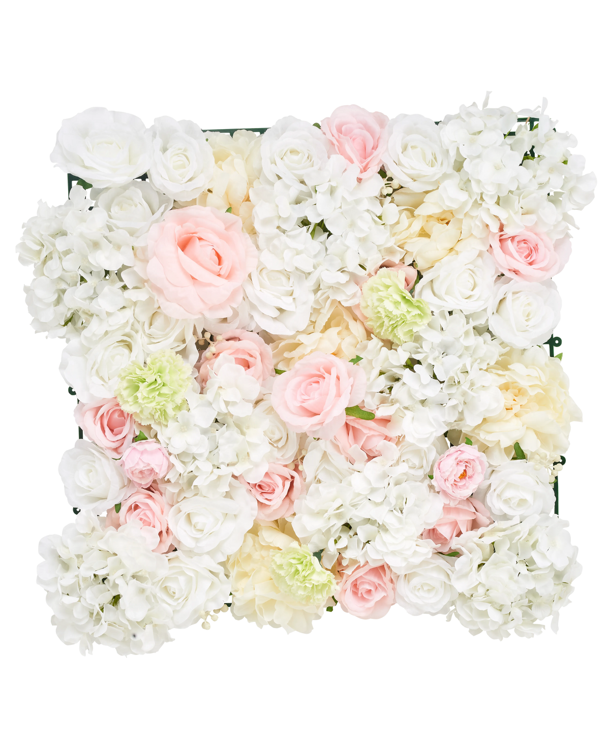 La Siepe Artificiale Fiori 50x50 cm bianca ha un pannello quadrato pieno di rose bianche, peonie e ortensie artificiali su sfondo bianco.