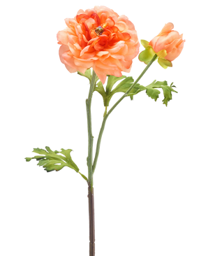 Un unico stelo del fiore artificiale Ranunculus da 51 cm rosa chiaro con un grande fiore rosa chiaro in piena fioritura, un bocciolo più piccolo e foglie verdi su sfondo bianco.