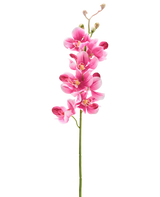 Een Kunstbloem Orchidee 55 cm mauve met verschillende levendige mauve-roze bloemen en knoppen staat tegen een effen witte achtergrond.