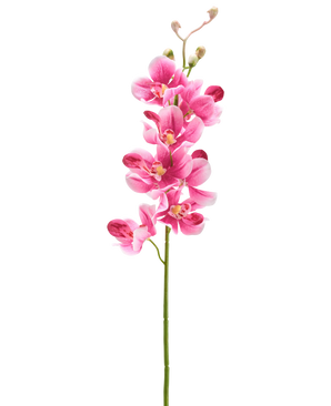 Un'orchidea artificiale color malva da 55 cm con diversi fiori e boccioli rosa malva vibranti si staglia su uno sfondo bianco semplice.