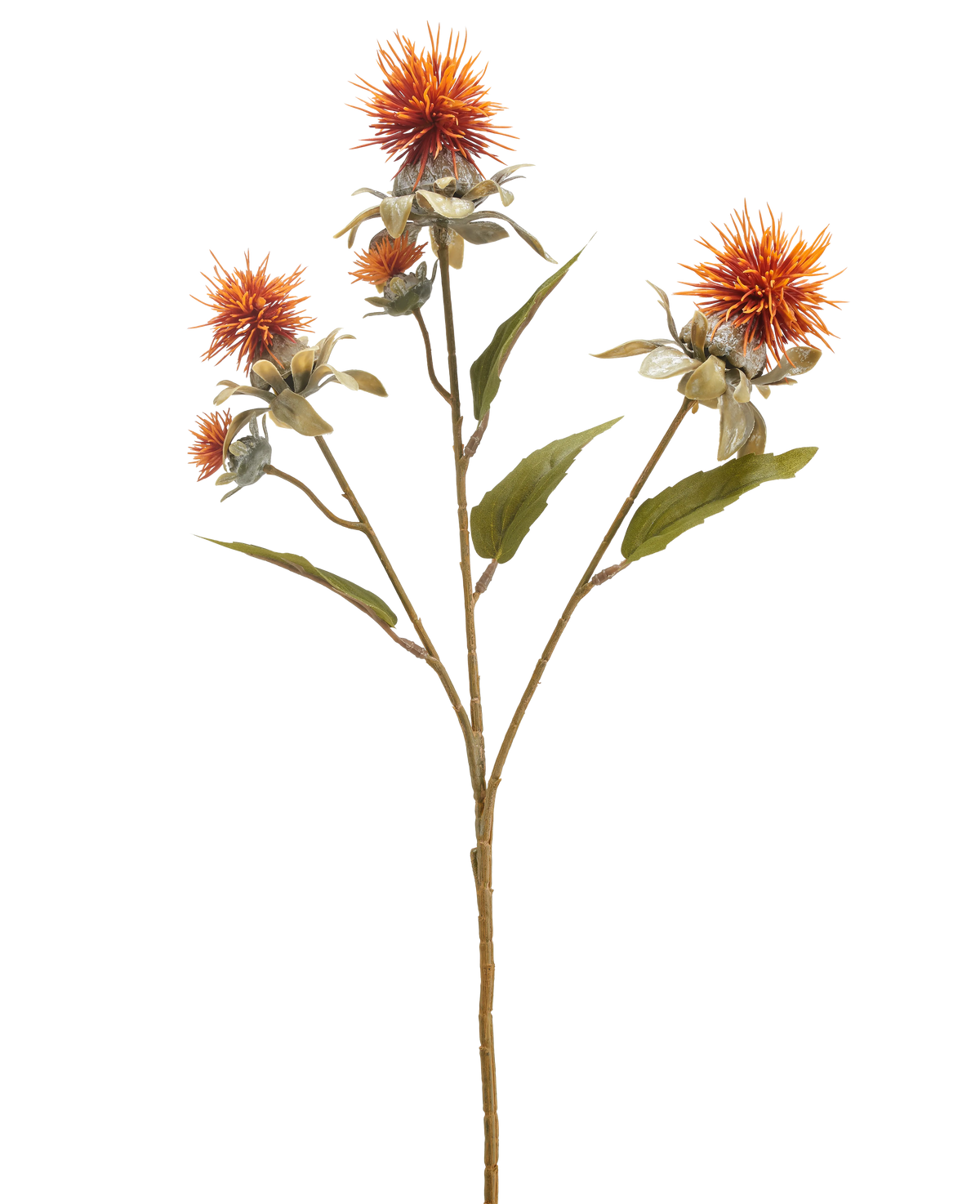Il fiore artificiale di cartamo 57 cm arancione vecchio ha un unico stelo con tre fiori arancioni appuntiti simili a cardi e diverse foglie verdi, isolate su uno sfondo bianco.