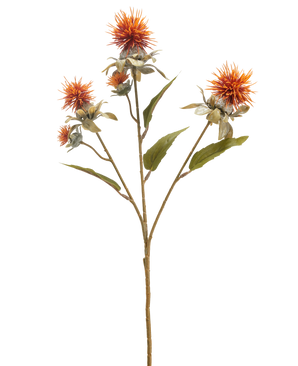 Il fiore artificiale di cartamo 57 cm arancione vecchio ha un unico stelo con tre fiori arancioni appuntiti simili a cardi e diverse foglie verdi, isolate su uno sfondo bianco.