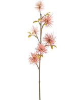De Kunstbloem Xanthium 53 cm oud roze heeft een lange, slanke steel met piekerige roze kunstbloemen en groengele bladeren tegen een effen witte achtergrond.