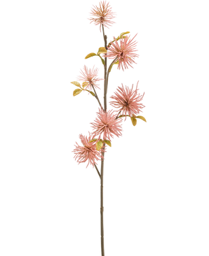 Il fiore artificiale Xanthium rosa antico da 53 cm ha uno stelo lungo e sottile con sottili fiori artificiali rosa e foglie verde-giallo su uno sfondo bianco semplice.