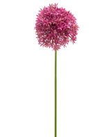 De Kunstbloem Mini Allium 60 cm mauve heeft een lange groene steel met daarboven een grote, bolvormige tros van kleine mauve stervormige bloemen, afgebeeld tegen een witte achtergrond.