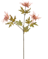 Een enkele stengel van Kunstbloem Distel 60 cm oranje met drie oranje, stekelige bloemen en verschillende gekartelde groene bladeren, geïsoleerd op een witte achtergrond.