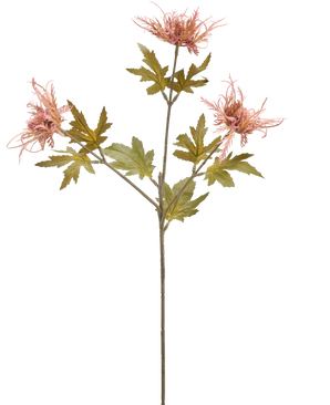 Un singolo stelo di fiore di cardo artificiale arancione di 60 cm con tre fiori arancioni appuntiti e diverse foglie verdi seghettate, isolate su uno sfondo bianco.