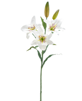 De Kunstbloem Lelie 78 cm wit heeft een enkele steel met drie open witte leliebloemen, een roze gespikkeld hart, twee gesloten knoppen en groene bladeren, tegen een effen witte achtergrond.