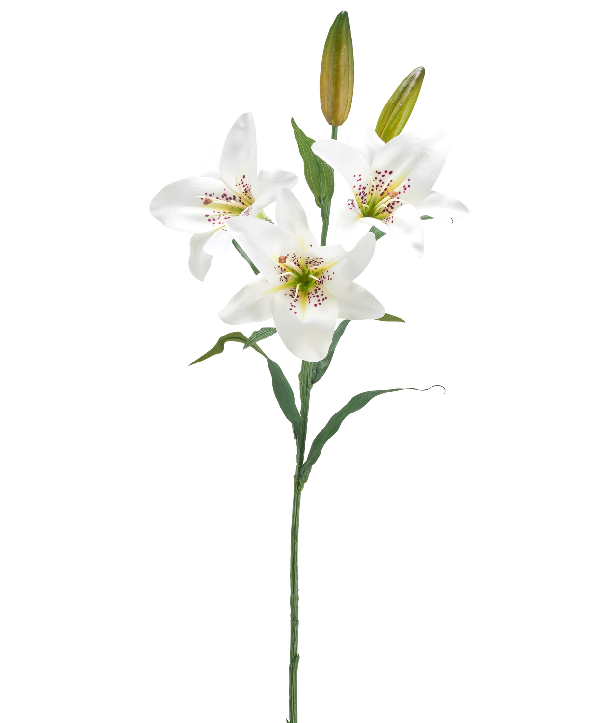 Il fiore artificiale di giglio bianco da 78 cm ha un unico stelo con tre fiori di giglio bianco aperti, un cuore rosa maculato, due boccioli chiusi e foglie verdi, su uno sfondo bianco semplice.