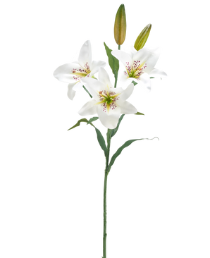 Il fiore artificiale di giglio bianco da 78 cm ha un unico stelo con tre fiori di giglio bianco aperti, un cuore rosa maculato, due boccioli chiusi e foglie verdi, su uno sfondo bianco semplice.