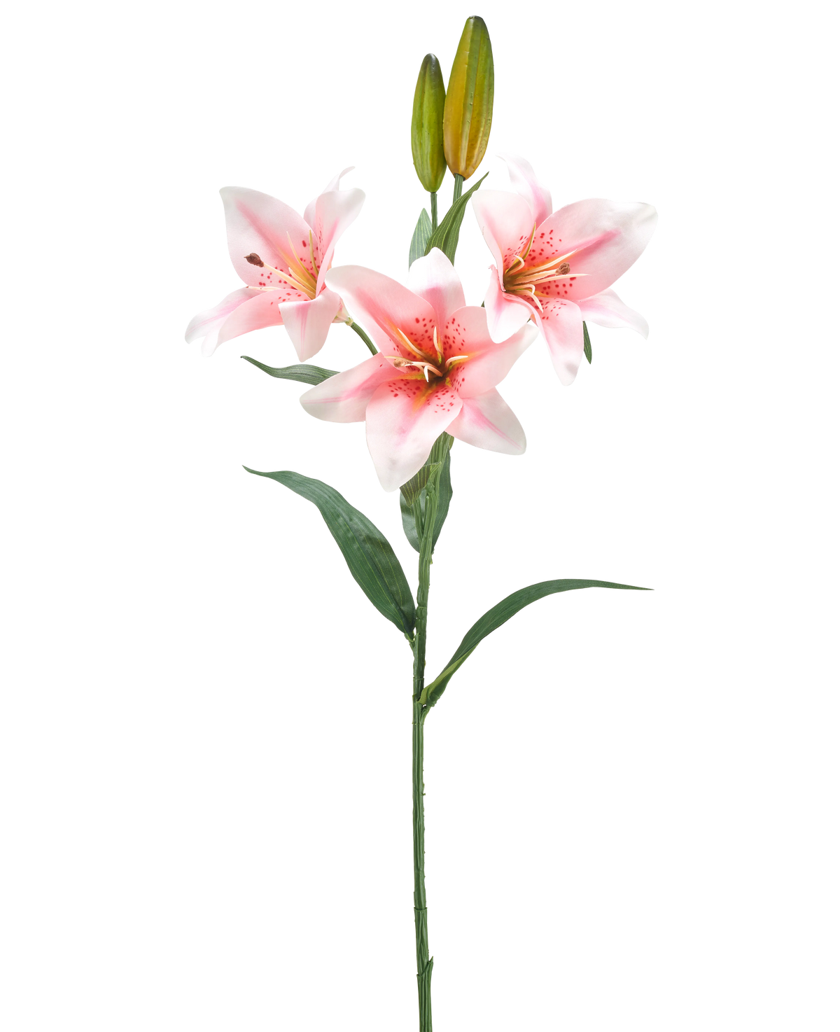 Un singolo stelo di fiore artificiale di giglio di 78 cm bianco/rosa ha tre gigli rosa e bianchi in fiore, due boccioli chiusi e foglie verdi, su uno sfondo bianco semplice.