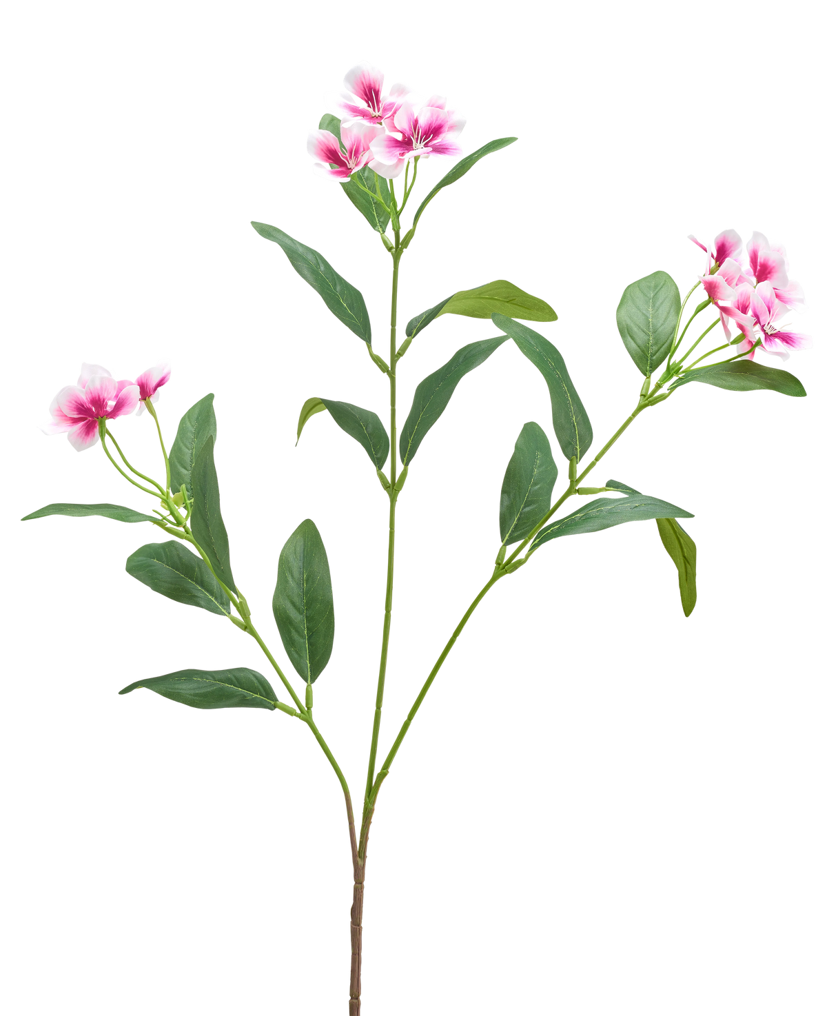 Un fiore artificiale di Catharanthus di 68 cm in fucsia/crema con foglie verdi lunghe e sottili e grappoli di fiori a cinque petali è mostrato su uno sfondo bianco semplice.